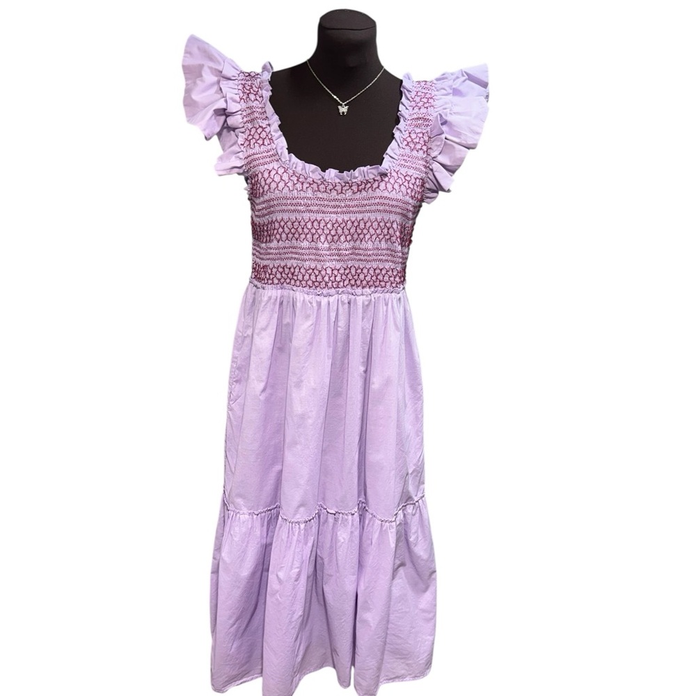 Tuckernuck Lilac Smocked Midi Dress with Ruffled Shoulders